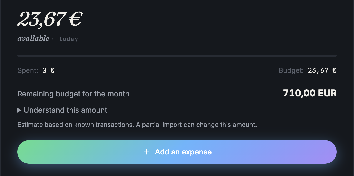 Pennywize daily budget widget showing the daily amount, spending and remaining monthly budget using fictional data.